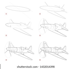 Creation step by step pencil drawing. Page shows how to learn draw sketch of imaginary Military aircraft from Second World War. School textbook for developing artistic skills. Hand-drawn vector image.