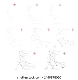 Creation step by step pencil drawing. Page shows how to learn draw sketch of imaginary sitting woman figure. School textbook for developing artistic skills. Hand-drawn vector image.