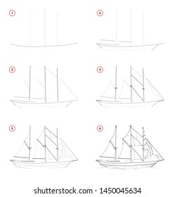 Creation step by step pencil drawing. Page shows how to learn draw sketch of imaginary three-masted sailing ship. School textbook for developing artistic skills. Hand-drawn vector image.