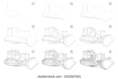 Creation step by step pencil drawing. Page shows how to learn draw sketch of powerful tractor with blade for clearing ground. School textbook for developing artistic skills. Hand-drawn vector image.