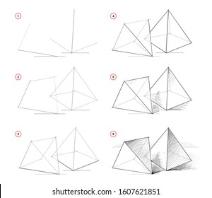 Creation step by step pencil drawing. How to draw sketch of imaginary still life with pyramids. Textbook for developing artistic skills. Hand-drawn vector on computer by graphic tablet.