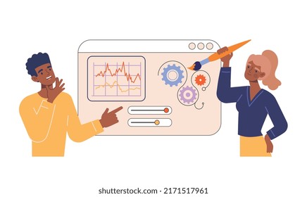 Creation UI design concept. Young male and female programmers make user interface for website or layout for application. Creative characters present the project. Cartoon flat vector illustration