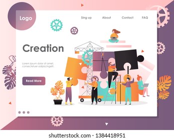 Creation vector website template, web page and landing page design for website and mobile site development. Business creation, solution concept with tiny people and tower crane doing big jigsaw puzzle