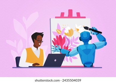 Creation of visual content with AI, automation of digital art. Author sitting at laptop using artificial intelligence, robot painting picture with brush and paints cartoon vector illustration