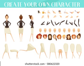 Creation of woman set with emotions and hairstyles various poses and gestures cartoon style isolated vector illustration