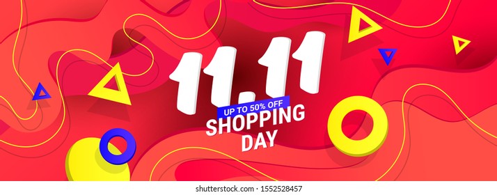 Creative 11.11 sale discount banner template with wave liquid shape, geometric gradient shapes on red background