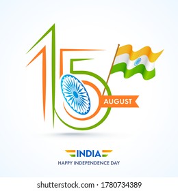 Creativo Texto Del 15 De Agosto Con Rueda Ashoka Y Bandera India Ondulada En Fondo Blanco Para India, Feliz Día De La Independencia.