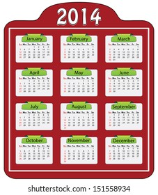 Creative 2014 calendar on red background. Isolated vector calendar. Easy to edit, months are grouped separately. 