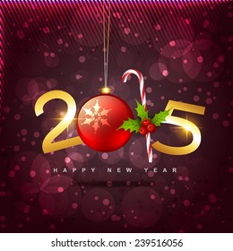 diseño creativo de estilo 2015 con bola de navidad y caramelos colocados sobre fondo violeta y brillante cubierto de círculos