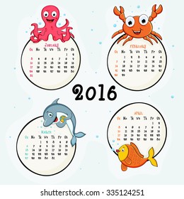 Creative 2016 Calendar of January, February, March and April with water animals.
