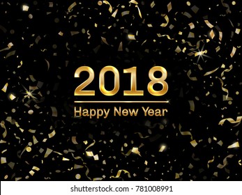 Creative 2018 Happy New Year card with gold flying confetti and streamers. Foil texture gold glitter confetti tinsels flying, Happy 2018 New Year text greeting card, poster, party invitation design.