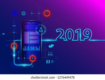 Creative 2019 new year with mobile phone, Vector illustration modern layout template design