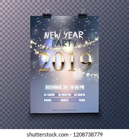Creative 2019 New Year Party template or flyer design with time and venue details for New Year celebration concept.