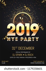 Creative 2019 NYE (New Year Eve) Party Template Or Flyer Design With Time And Venue Details For New Year Celebration Concept.