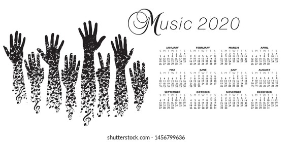 A creative 2020 musical calendar made with hands and notes 