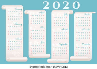 Creative 2020 wall calendar on four parchments. Week starts on Sunday. Blue background.  Vector editable template 10 EPS for poster, print, web
