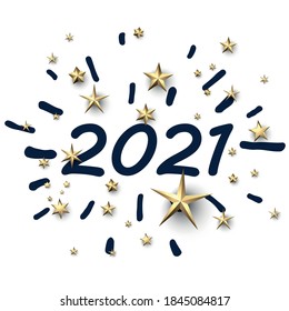 Creative 2021 blue sign with dashes and golden 3d stars. Vector holiday illustration.