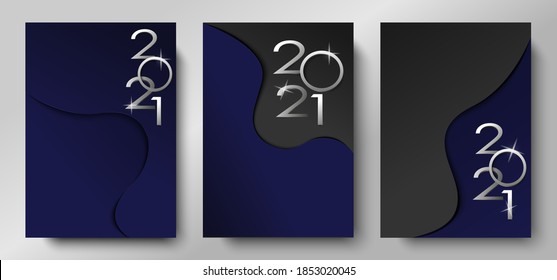 Creative of 2021 Happy New Year posters set. Design templates with  logo 2021 for celebration and season decoration. Minimalistic trendy backgrounds for branding, banner, cover, card