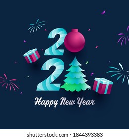 Creative 2021 Text With Bauble, Paper Gradient Xmas Tree, Realistic Gift Boxes And Fireworks On Blue Background For Happy New Year.