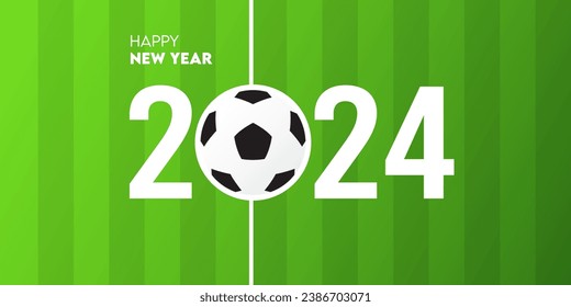 Creative 2024 happy new year celebration greeting card and social media post or banner design template in football or soccer concept. Vector Illustration.