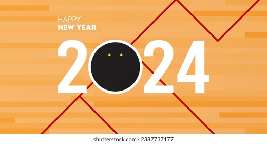 Creative 2024 happy new year celebration greeting card and social media post or banner design template in squash or sport concept. Vector Illustration.