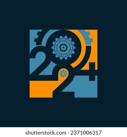 Creative 2024 New Year design template with cogwheels. Vector illustration on a construction, engineering and maintenance theme.