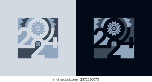 Plantilla de diseño creativo de Año Nuevo 2024 con ruedas cognitivas. Ilustración vectorial sobre un tema de construcción, ingeniería y mantenimiento.