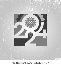 Creative 2024 New Year design template with cogwheels. Vector illustration on a construction, engineering and maintenance theme.
