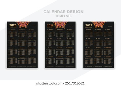 Criativo 2025, 2026, 2027 modelo de calendário de cor preta design pronto para impressão