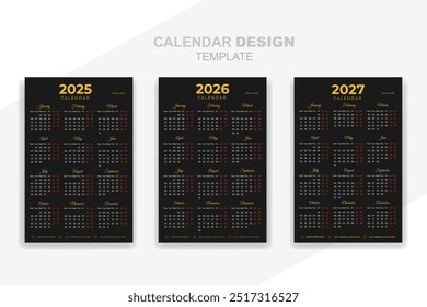 Creative 2025, 2026, 2027 black color calendar template print ready design