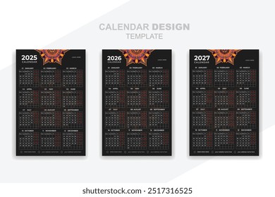 Creative 2025, 2026, 2027 calendar template print ready design