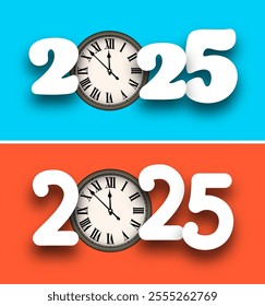 Creative 2025 design featuring a classic clock face on vibrant blue and orange backgrounds. A modern concept symbolizing time and new beginnings.