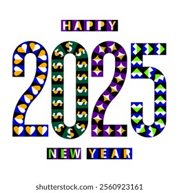 Creative 2025 New Year greeting with optical illusion patterns. Features vibrant geometric shapes, ideal for posters, social media posts, or festive designs.