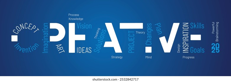 Creative 2025 New Year modern and powerful white light blue word cloud text with words in shape of Creative concept on blue board background