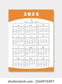 Creative 2025 one-page wall calendar design. Happy New Year.