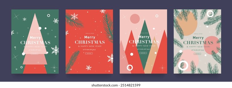 Creative 2025 Sale for Merry Christmas and Happy New Year. Offering 50% Discount. Set of Trendy Abstract 3D Patterns for Advertising, Web, Social Media, Posters, Banners, Covers. Vector Illustration.