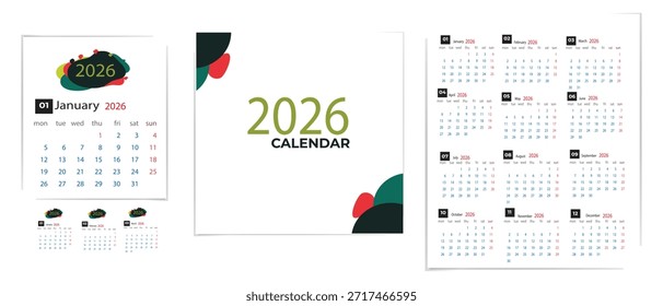 Plantilla creativa del calendario 2026 con diseño colorido Abstractas en verde, rojo y negro sobre fondo blanco