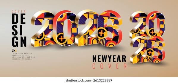 Creative 2026 New Year Cover Design with Abstract Geometric Patterns Shows Holiday Celebration Artwork for Greeting Cards and Promotional Materials