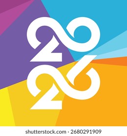 Diseño creativo del año Nuevo 2026 con tipografía blanca audaz sobre fondo Abstractas geométrico colorido