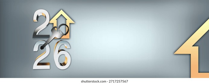 Plantilla de diseño creativo del año Nuevo 2026 con llaves de oro y un símbolo abstracto de la casa. Ilustración de renderizado 3D para una tarjeta de felicitación o Anuncio.