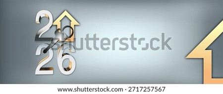 Creative 2026 New Year design template with golden keys and an abstract house symbol. 3D render illustration for a greeting card or banner.