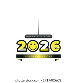 Emblema creativo del año Nuevo 2026 con cara sonriente y acento de oro elegante 