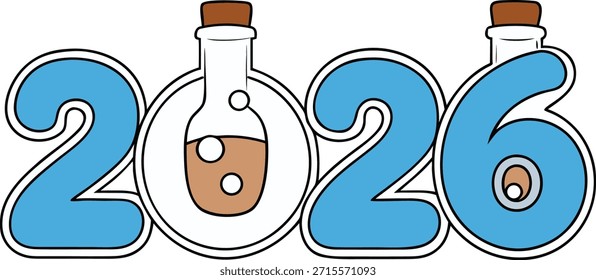 Kreative 2026 Nummer aus transparenten Glasflaschen mit Korkstopfen, symbolisiert Recycling, Nachhaltigkeit und Silvesterfeier. Sauberes Studio Stillleben auf weißem Hintergrund, modernes Ökokonzept.