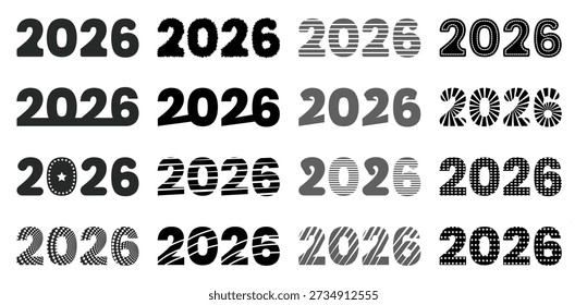 Conjunto de Vectores de estilos de tipografía de números creativos 2026 con múltiples diseños de dígitos decorativos en negro y gris aislados sobre fondo blanco ideal para calendarios, carteles, Anuncios, impresiones, gráficos de vacaciones y proyectos de año nuevo