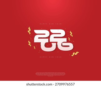 criativo 2026 texto design com fundo vermelho confete ouro | ano novo feliz geométrico 2026 cartão de saudação tipográfica, cartaz e banner com efeitos de ouro e prata.