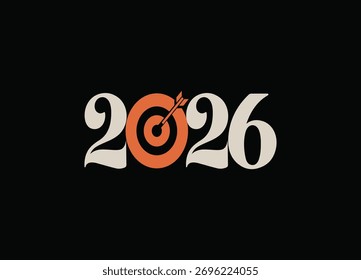 Design de tipografia criativo 2026 com Arrow Hitting Bullseye para metas e objetivos futuros