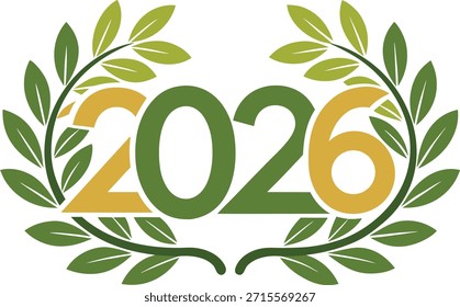 Tipografía creativa de 2026 formada con ramas de olivo entrelazadas que simbolizan la paz, la armonía, el crecimiento y la esperanza. Diseño natural elegante ideal para temas de Año Nuevo, conceptos de sostenibilidad y visuales modernos y tranquilos.