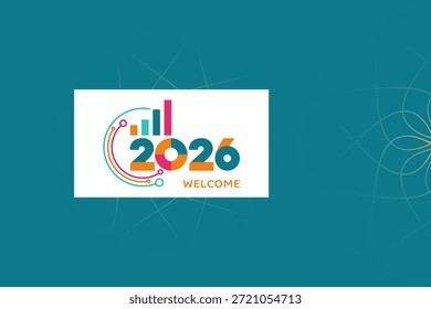 Un diseño de bienvenida creativo de 2026 con coloridas Formas de barra de Vertical y tipografía moderna. Perfecto para la marca de eventos, carteles, Anuncios y contenido promocional digital. Obra de arte de Vector EPS editable.