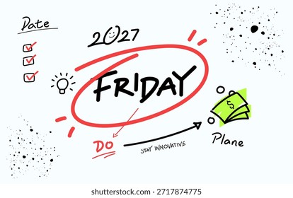 Planejador de doodle de Ano Novo criativo 2027 com lista de verificação desenhada à mão, ícone de ideia de lâmpada e foco de "sexta-feira". Design de esboço minimalista divertido para produtividade, metas e planejamento inovador. Ilustração vetorial. Calendário de Ano Novo 2027 desenhado à mão. 