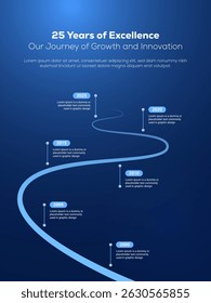 Creative 25-year company timeline infographic with 6 steps, milestones, curved roadmap, and modern blue design. Perfect for business presentations, reports, or company journey highlights.